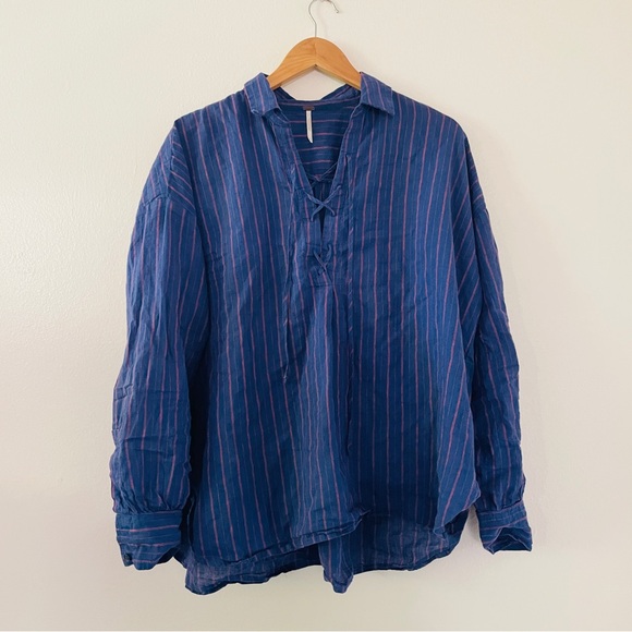 Free People Linen Blend Under The Board Walk Striped Peasant Lace Up Blouse - Picture 4 of 6
